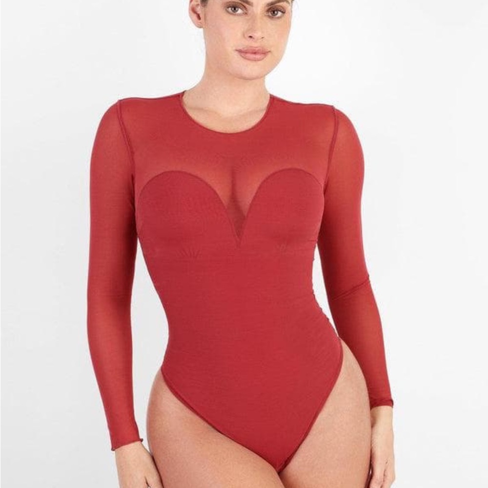 Popilush Mesh Red Long Sleeve Bodysuit